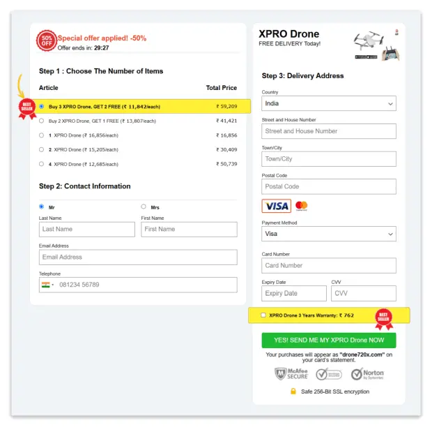XPRO Drone checkout page